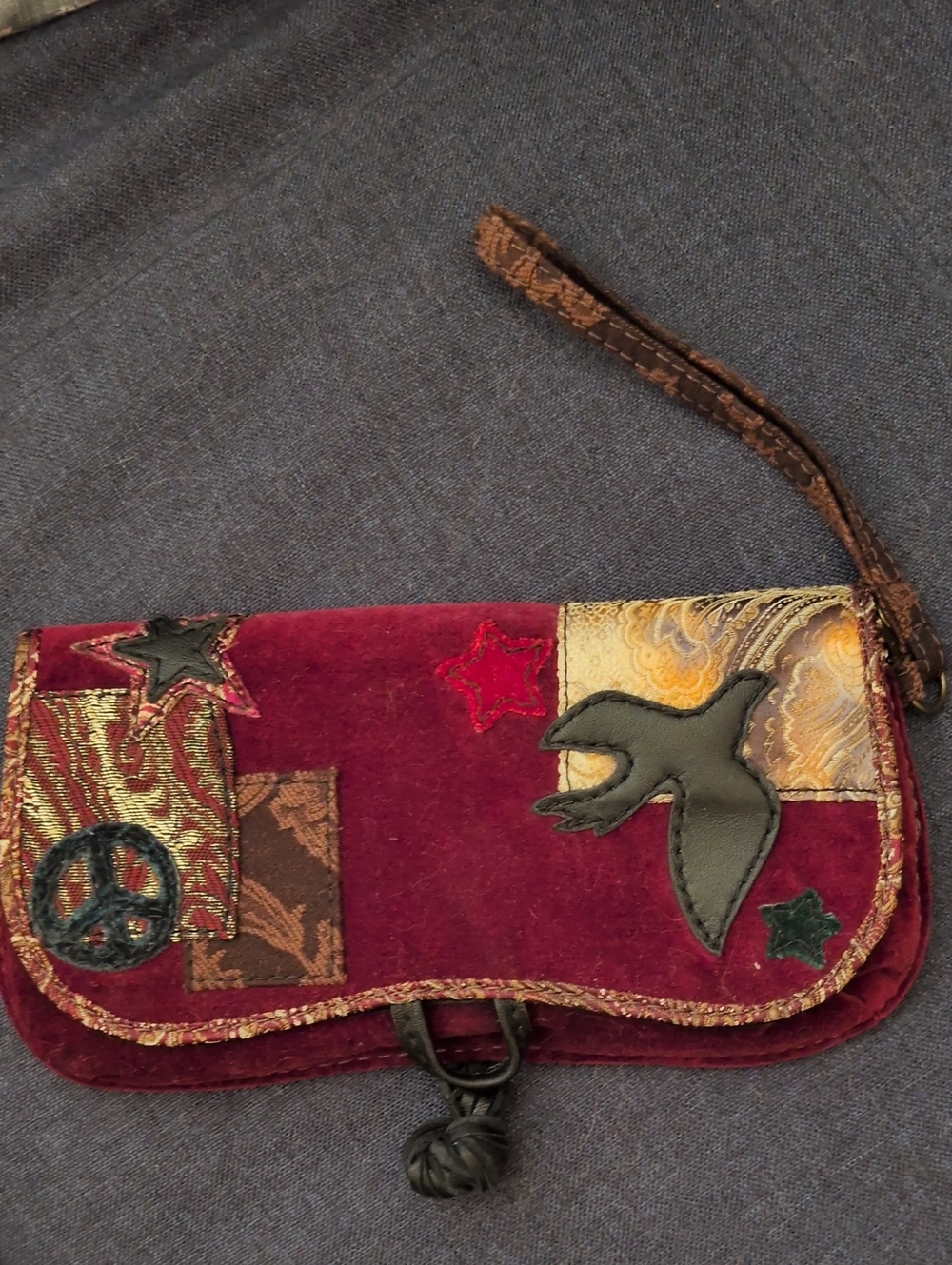 Lucky Brand Burgundy Velvet Wristlet with Paisley Accent